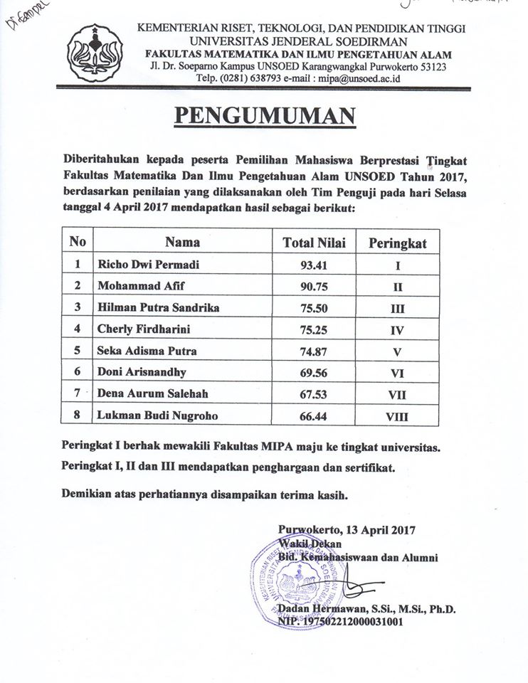 Pemilihan Mahasiswa Berprestasi FMIPA 2017